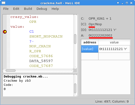 HeLL IDE showing memory watch panel on the right: the cell labeled 'value' contains 0t2222202002, loaded by an Opr instruction.
