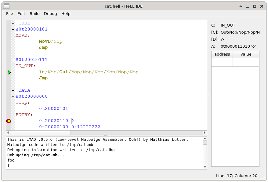 HeLL&nbsp;IDE: The modified cat program can be built with LMAO
and executed as well.