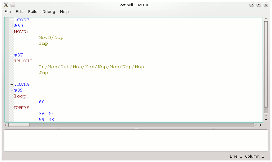 HeLL code listing showing the target memory layout: .CODE @60 MOVD: MovD/Nop Jmp, @37 IN_OUT: In/Nop/Out/Nop/Nop/Nop/Nop/Nop Jmp, .DATA @39 loop: 60 ENTRY: 36 ?- 59 38