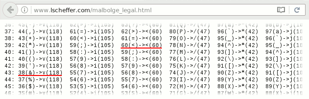 Excerpt from Lou Scheffer's valid instructions page: 39: 60(<)-><(60), 43: 38(&)->v(118).